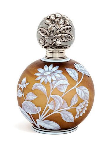 * English, LATE 19TH CENTURY, a silver mounted cameo glass perfume bottle, of spherical for with floral and fern decoration