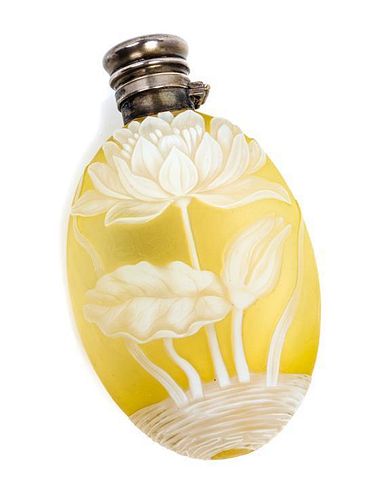 * English, LATE 19TH CENTURY, a silver mounted cameo glass perfume bottle, of flattened form decorated with lotus blossoms