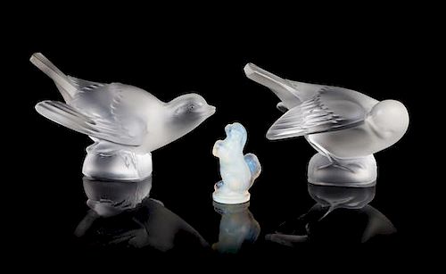 * Lalique, two molded and frosted glass figures, depicting birds, together with a Sabino glass dog