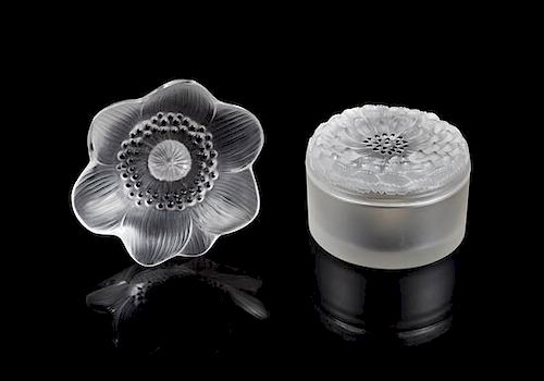 * Lalique, a pair of molded and frosted glass Anemone figural articles, comprising a paper weight and a box