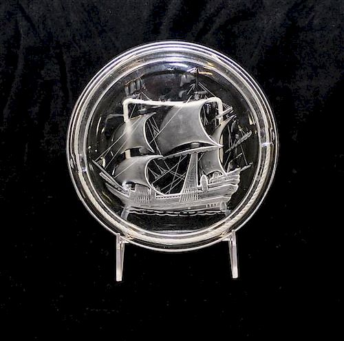 Lalique, a molded and frosted glass ash receiver, decorated with a ship