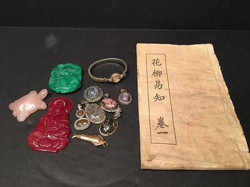OLD Chinese book, silver sterling and gem stone pendents, Guanyin, green jade, lady's watch.