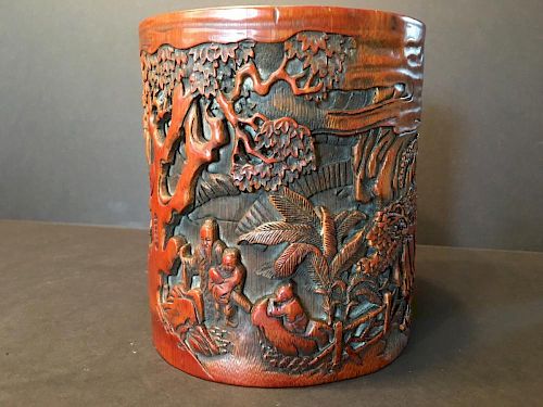ANTIQUE Chinese Bamboo Carved Brush pot or Bitong, 6 1/4" h x 5 1/2" W