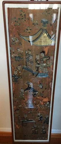 ANTIQUE Large Chinese Embroidery panel with gold metallic figurines and courtyard scenes, foo dog lion, etc. Late 19th centur