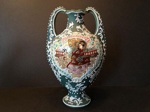 ANTIQUE Japanese Satsuma Miage Vase with figurines, 1900-1920. 13" high