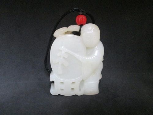 OLD Chinese White Jade Pendant with Boy hitting a drum, 6.5 cm x 5 cm x 1.8 cm