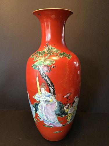 ANTIQUE Chinese Famille Rose Vase with figurines. Late 19th Century. Marked on the bottom, Drilled and repaired