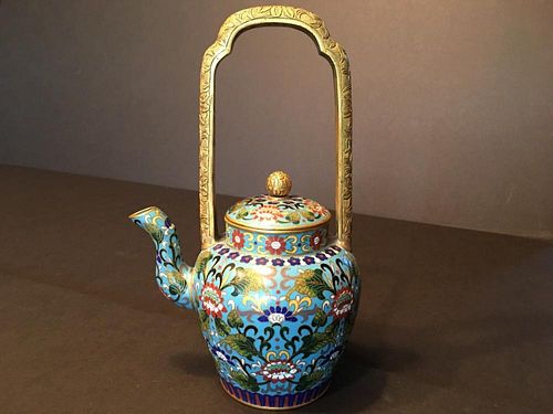ANTIQUE Chinese Large Cloisonne High Gilt handle teapot. Late 19th century. 8" to top of handle, 5" high with teapot