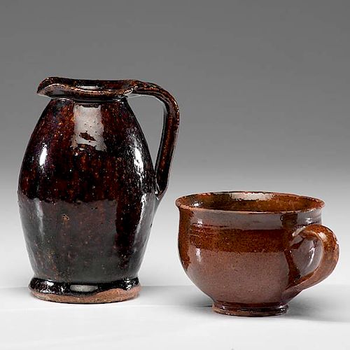 American Redware Pitcher and Manganese Cup 