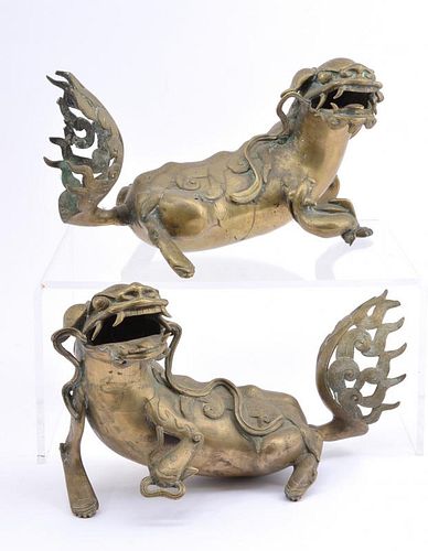Pair of Chinese brass playful Fu dogs, 15"l