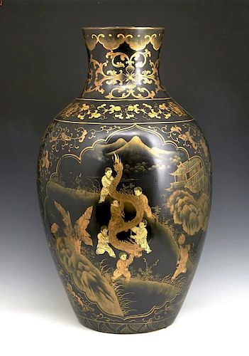 Oversized Chinese black and gilt lacquerware vase, 30"h