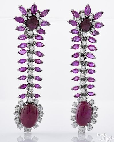 One pair platinum, ruby, and diamond earrings