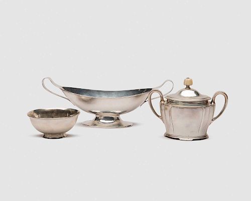 ARTHUR STONE Covered Sugar and Waste Bowl, together with an American Silver Two-Handled Oblong Footed Dish, Mulholland Brothe