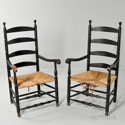 Pair of Black-painted Slat-back Armchairs