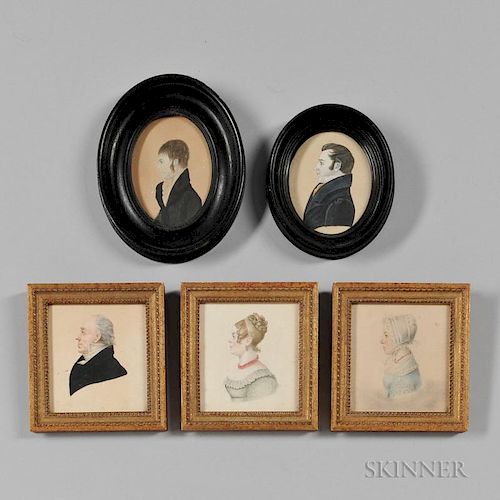 Five Watercolor or Watercolor and Gouache Miniature Profile Portraits
