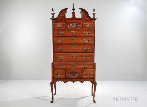 Walnut and Maple Fan-carved Scroll-top High Chest of Drawers