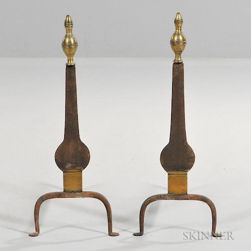 Pair of Wrought Iron and Brass Knife Blade Andirons
