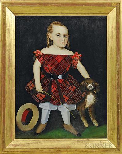 Ammi Phillips (New York/Connecticut, 1788-1865)      Portrait of Child in Plaid Dress with a Dog