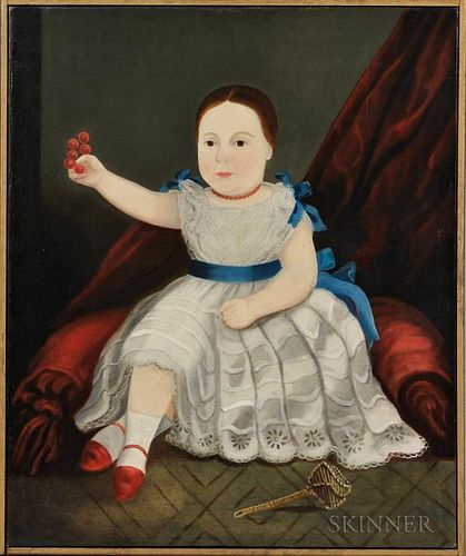 American School, 19th Century      Portrait of a Seated Girl in White Dress Holding Grapes