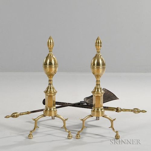 Pair of Brass and Iron Double Lemon-tops Andirons with Tools