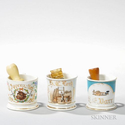 Three Porcelain Occupational Shaving Mugs with Brushes
