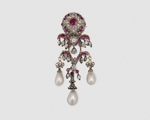 Gold, Silver, Ruby, Diamond, and Natural Pearl Brooch