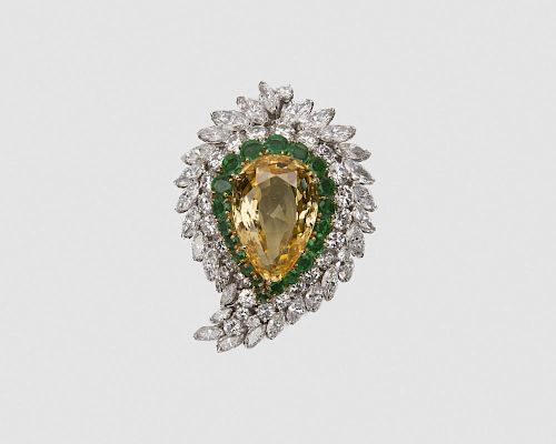VAN CLEEF & ARPELS 18K Yellow Gold, Platinum, Yellow Sapphire, Emerald, and Diamond Brooch
