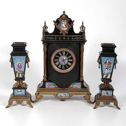 French Black Slate Clock Garniture Set 