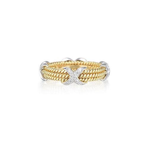 Tiffany & Co. Schlumberger Three-Row Gold Rope and Diamond "X" Ring