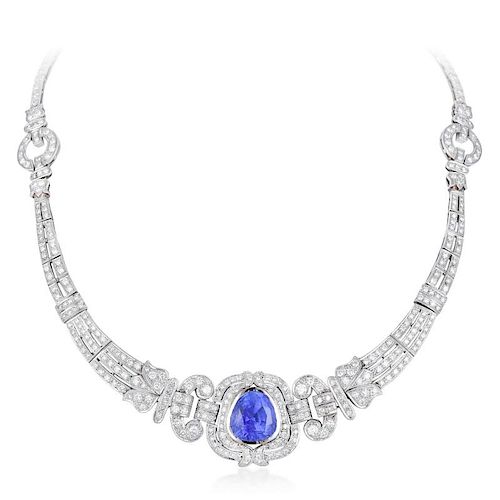An Art Deco Platinum Diamond Sapphire Necklace