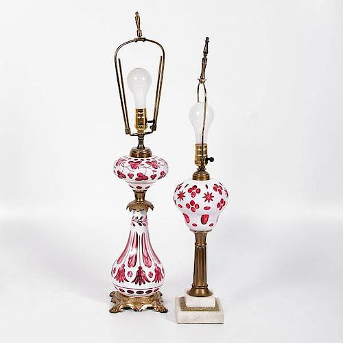 White Cut-to-Cranberry Glass Lamps 