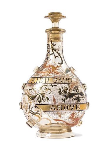 * An Emile Galle Enameled and Applied Glass Decanter, Height 10 1/2 inches.