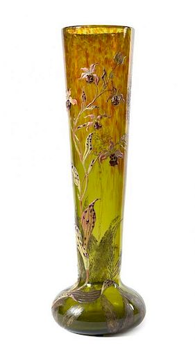 * An Emile Galle Acid Etched, Enameled and Applied Glass Vase, Height 17 5/8 inches.