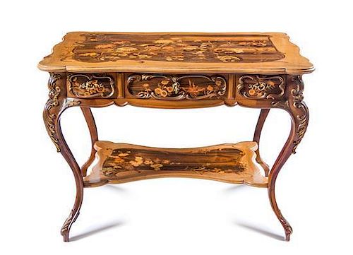 * An Emile Galle Marquetry Decorated Bureau Plat, Height 30 1/2 x width 43 1/8 x depth 31 1/2 inches.