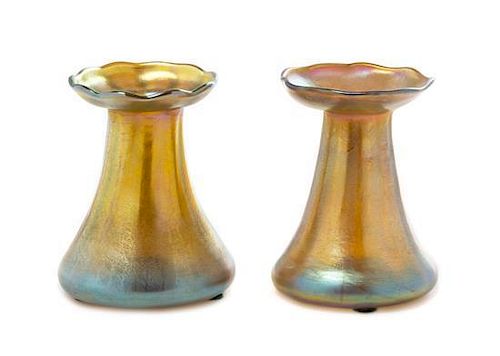 * A Near Pair of Tiffany Studios Gold Favrile Glass Vases, Height 3 5/8 inches.