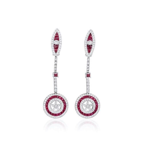 A Pair of Diamond and Ruby Pendant Earrings