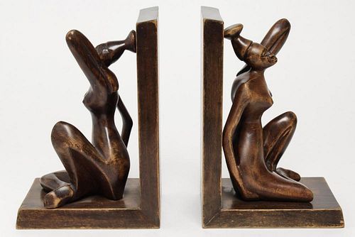 Haitian School- Carved Wood Bookends Signed Simeon