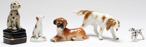 Dog Figurines, Group of 5 Porcelain & Glass