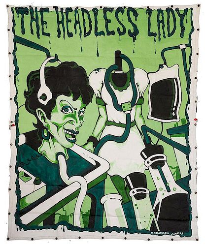 The Headless Lady. Painted Canvas Sideshow Banner.