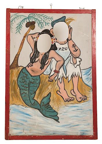 Carnival Cut-Out Standee Depicting Hawaiian Women, Sailor, and Mermaid.