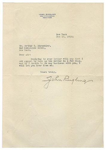 John Ringling Autographed Letter Signed.