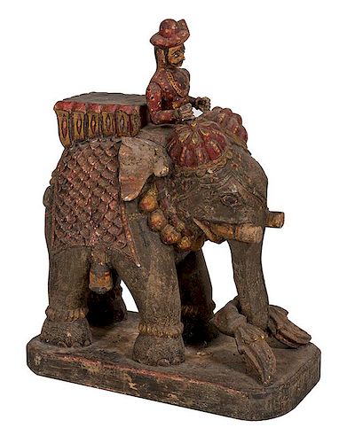 An Indian Processional Elephant and Mahout Figural Carving.