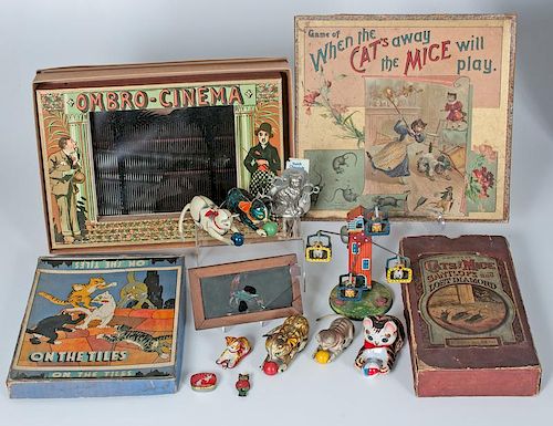 L'Ombro Cinema Optical Game and Assortment of Cat-themed Litho Wind-Up Toys and Games, Plus