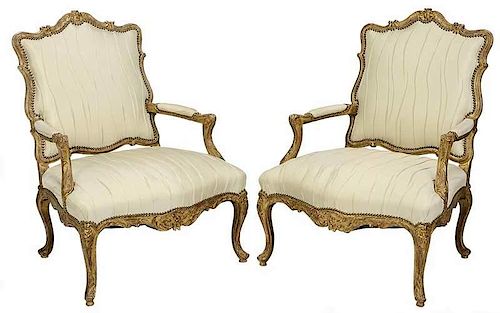 Pair Chippendale Style Gilt Wood Open Arm Chairs