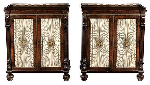 Pair Regency Style Rosewood Grill-Door Cabinets