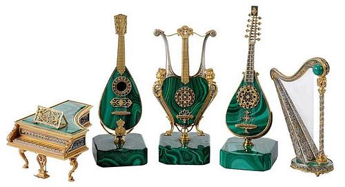 Five Malachite Gilt Silver Musical Instruments