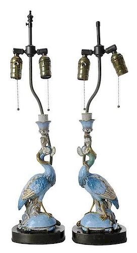 Pair Porcelain Peacock Candlestick Lamps