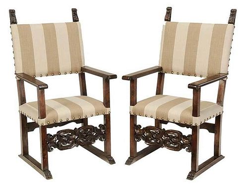 Pair Italian Baroque Style Open Arm Chairs