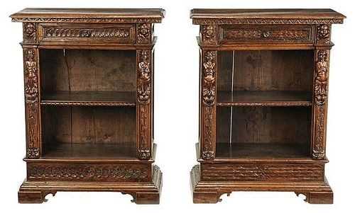 Pair Renaissance Style Carved Walnut Cabinets