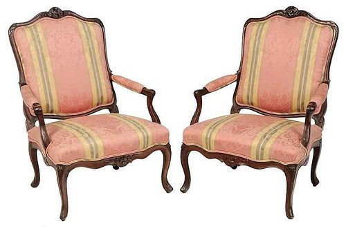 Pair Louis XV Carved Walnut Open Arm Chairs